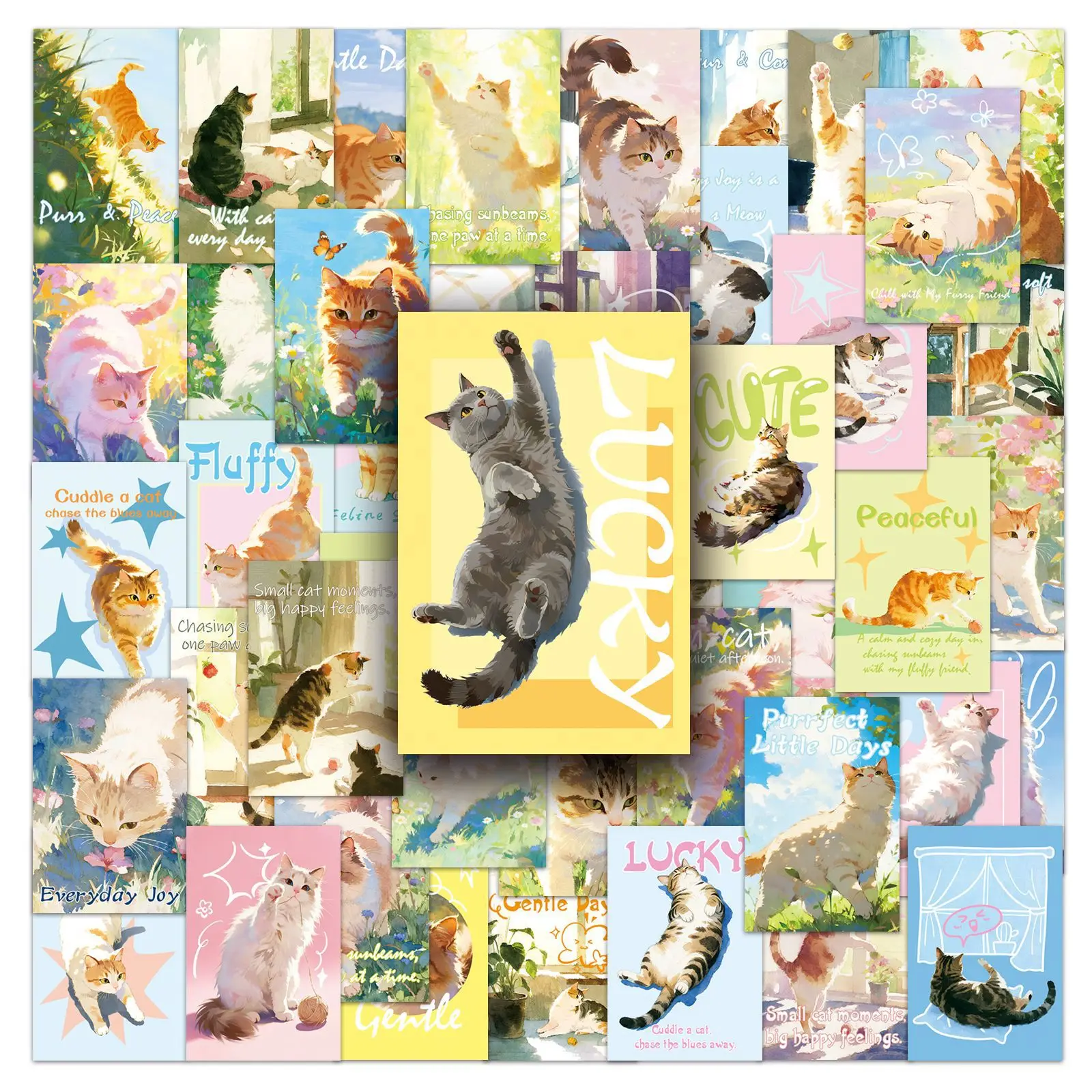 50 قطعة ملصقات شفاء القط الرسوم التوضيحية الحلوة الحيوان الزخرفية محمول جراب هاتف الأمتعة ملصقات مقاومة للماء لعبة أطفال