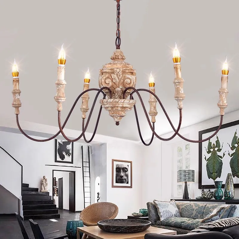 

American Vintage Solid Wood Carved Chandelier Living Room Dining Room Bedroom Villa Home 6 heads Decorative Pendant lights