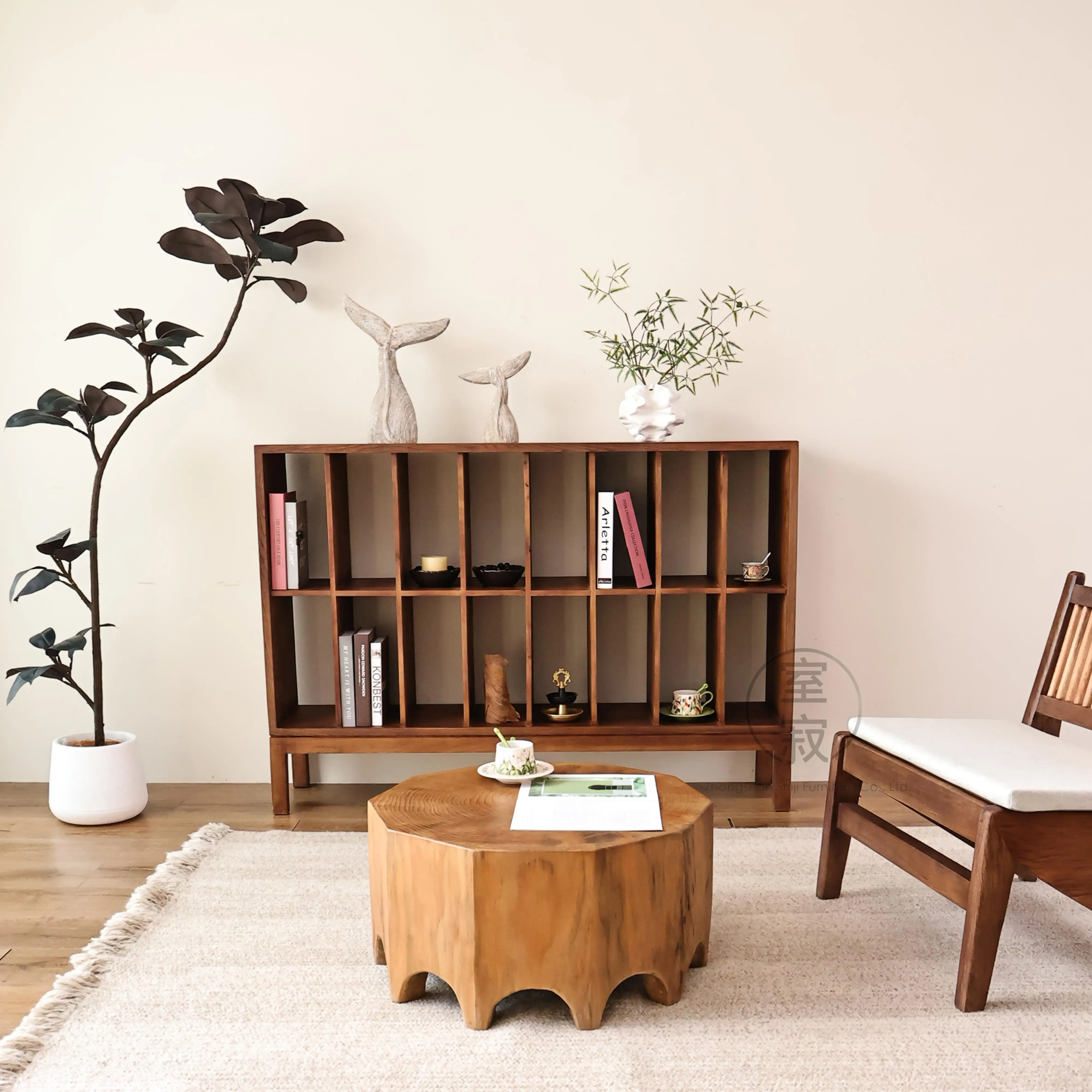 @3 # Modern Minimalist Solid Wood Wabi Sabi Zen Bookcase Storage Cabinet Entryway Cabinet With Grid Design For Home Office