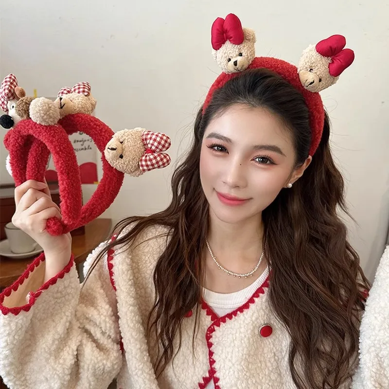 Cute red plush cartoon bow little bear headband women's autumn and winter new style face and makeup special headwear and hair