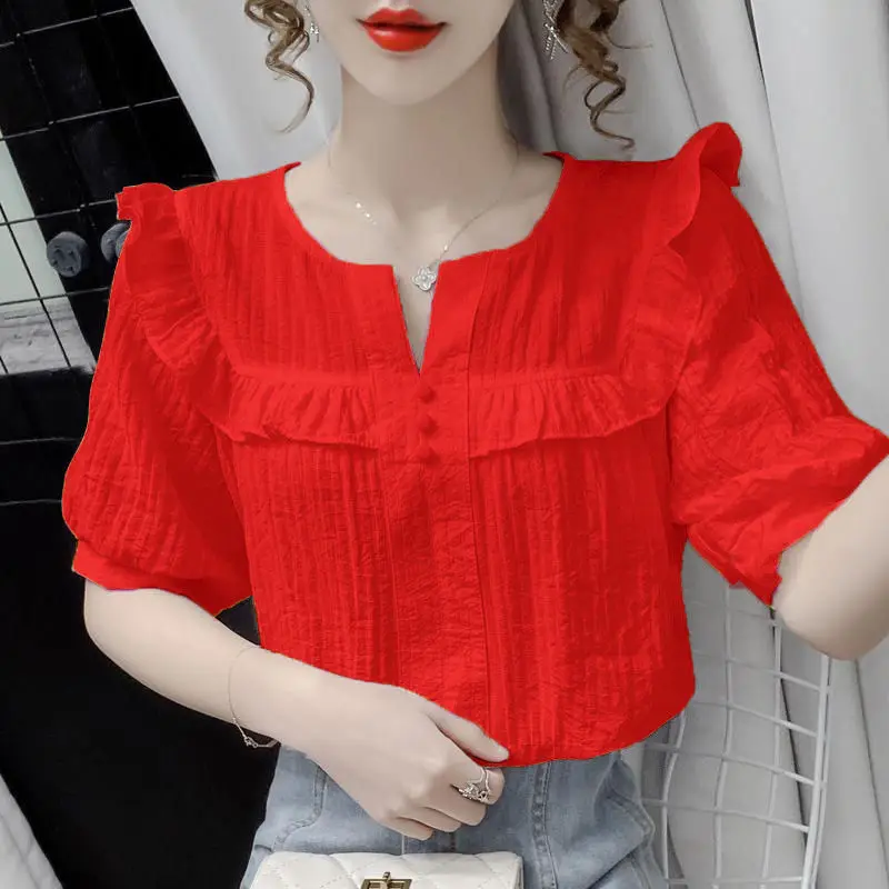 Summer New Casual Fashion Ruffles Solid Simple Shirt Ladies Short Sleeve Loose All-match Pullover Blouse Women Oversized Tops