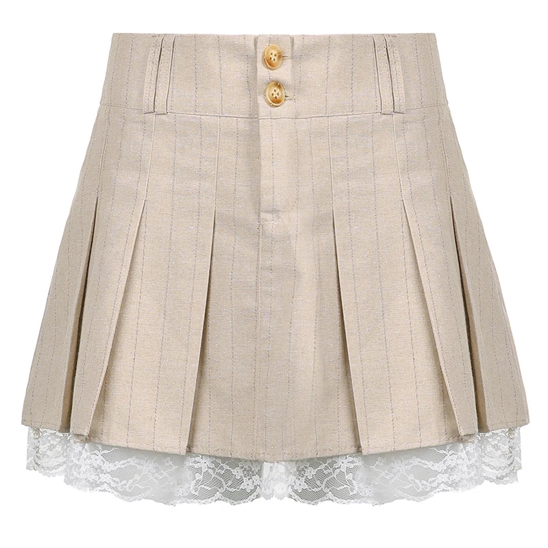 Lucyever Summer Lace Trim Pleated Skirts Women Preppy Style Khaki High Waist Skirt Girl Teens Harajuku School Uniform Mini Skirt