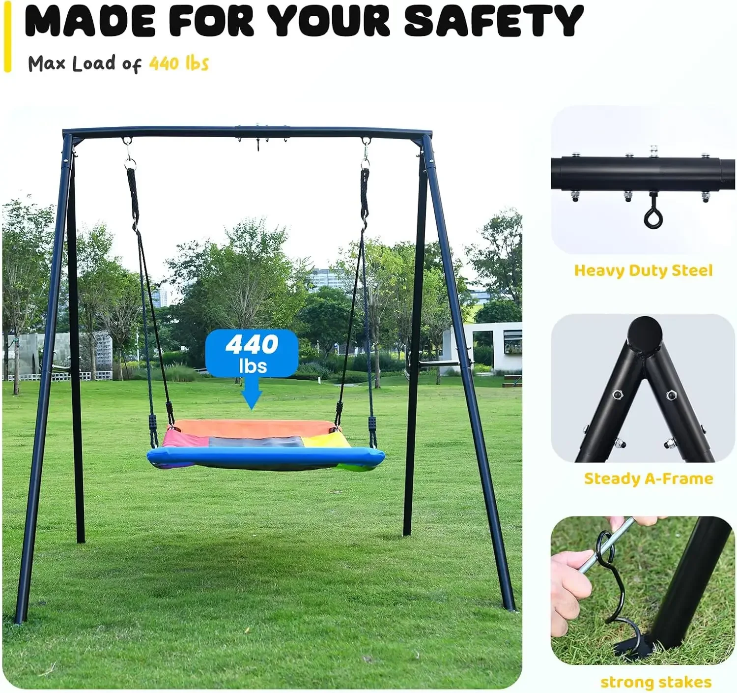 Sets for Backyard, 440lbs Heavy Duty A-Frame Metal Swing Stand with 60