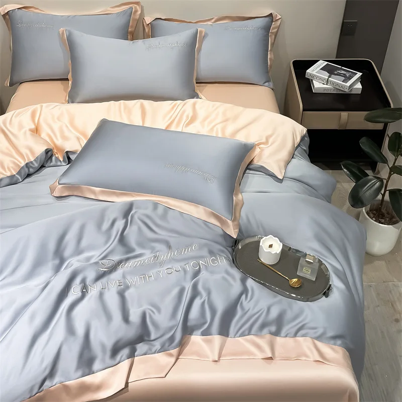 Ice silk bed sheets, Tencel 4-piece set, nude sleeping, summer silk duvet covers, bedsheets, bedding, 3-piece set