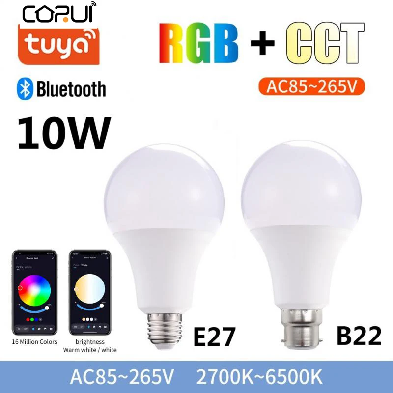 CoRui 15W Tuya Smart LED E26/E27/B22 RGBW Bluetooth Smart Light WIFI Bulb AC85-265V Changing Lampada RGB+CCT Decor For Home