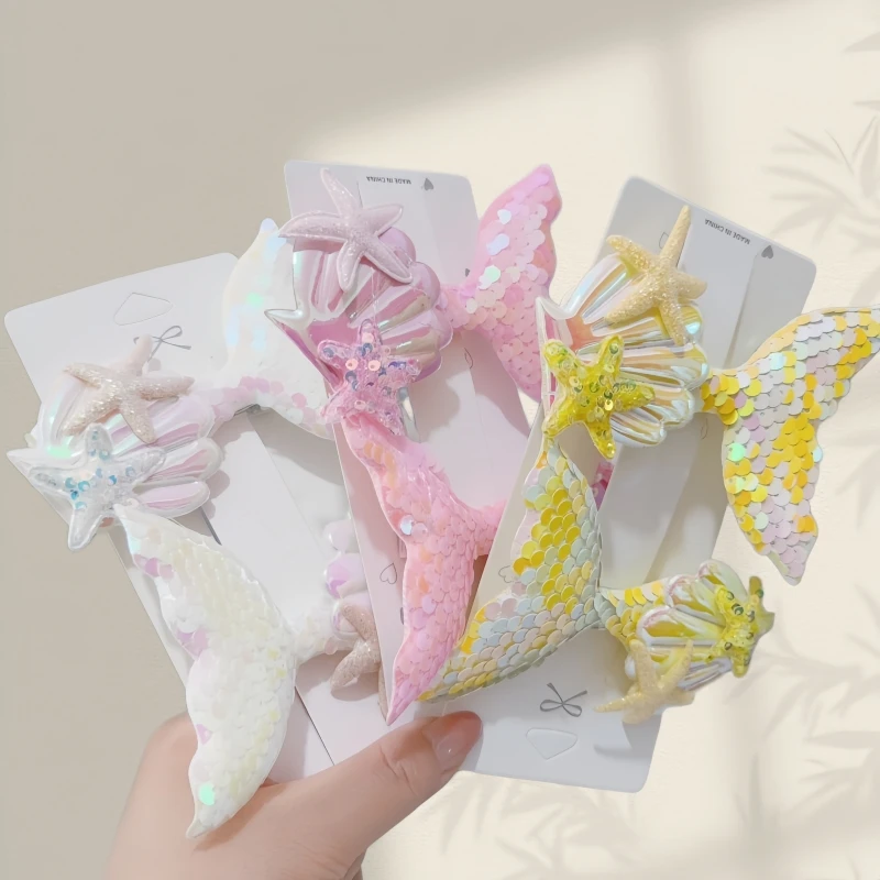1 Set Mermaid Tail Sequin Hair Clips Seashell  Starfish Design for Girls Kids Ocean Princess Style Hair Accessories Party Gift