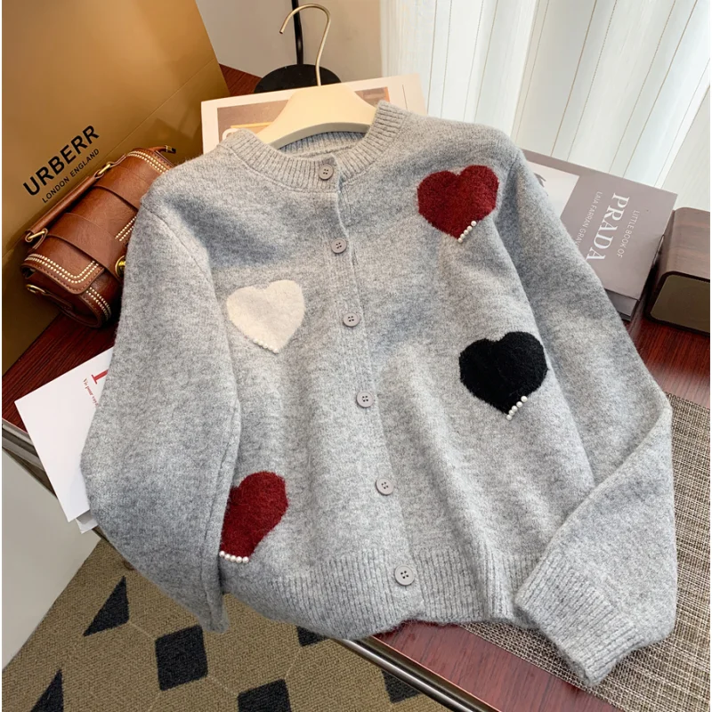 

2024 Women Grey Clothing Cardigan Knitting Sweater Long Sleeve Cashmere Contrasting Colors Fashion Coat Female Red Winter Tops