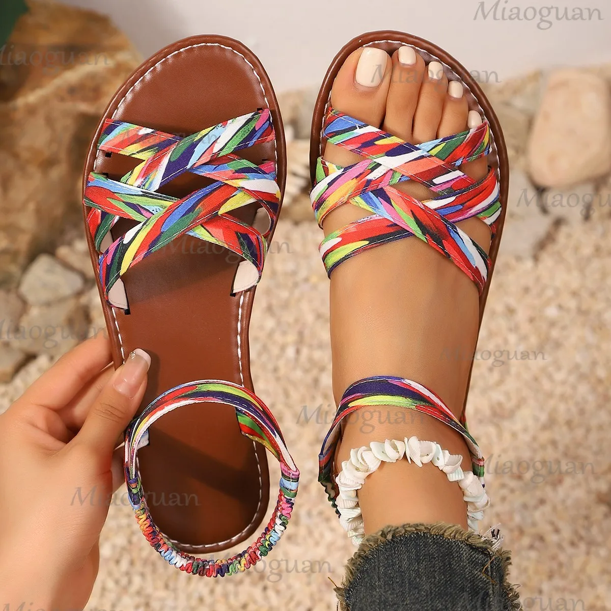 

Shoes for Women 2026 Summer Non Slip Soles Roma Weaving Flat Bottom Sandals Ladies Daily Sandalias Vacation Beach Footwears