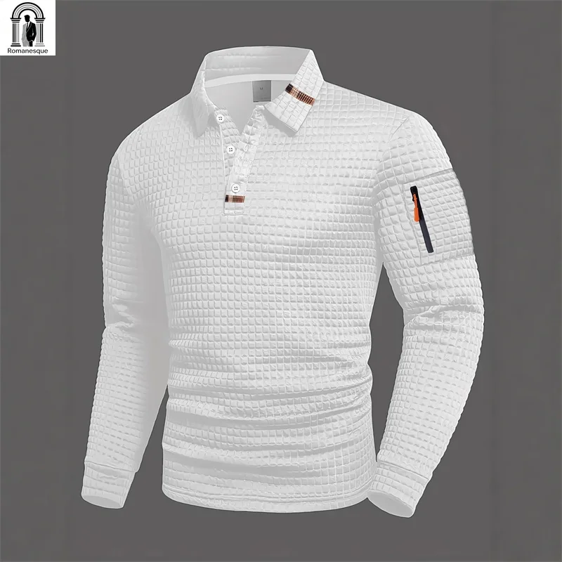 Men's Long-sleeved Polo Shirt, Available in 5 Colors, Suitable for Spring and Autumn. White Collar, Button Design, Zipper Detail
