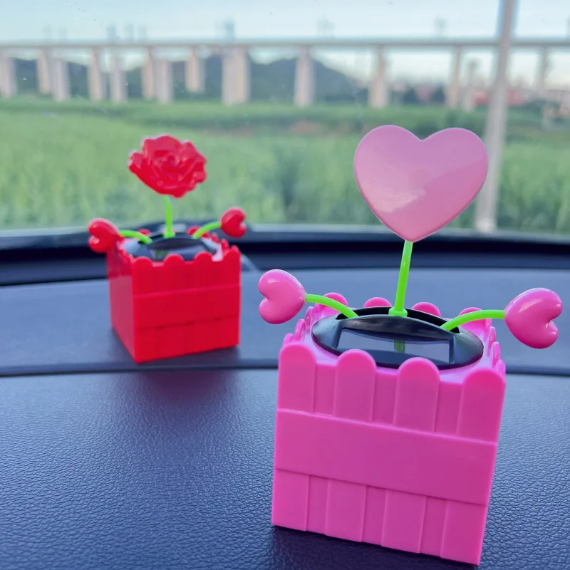 Nova popularidade rosas brinquedos solares diversão criativa solar auto dança balanço amor coração flor decoração do carro ornamentos