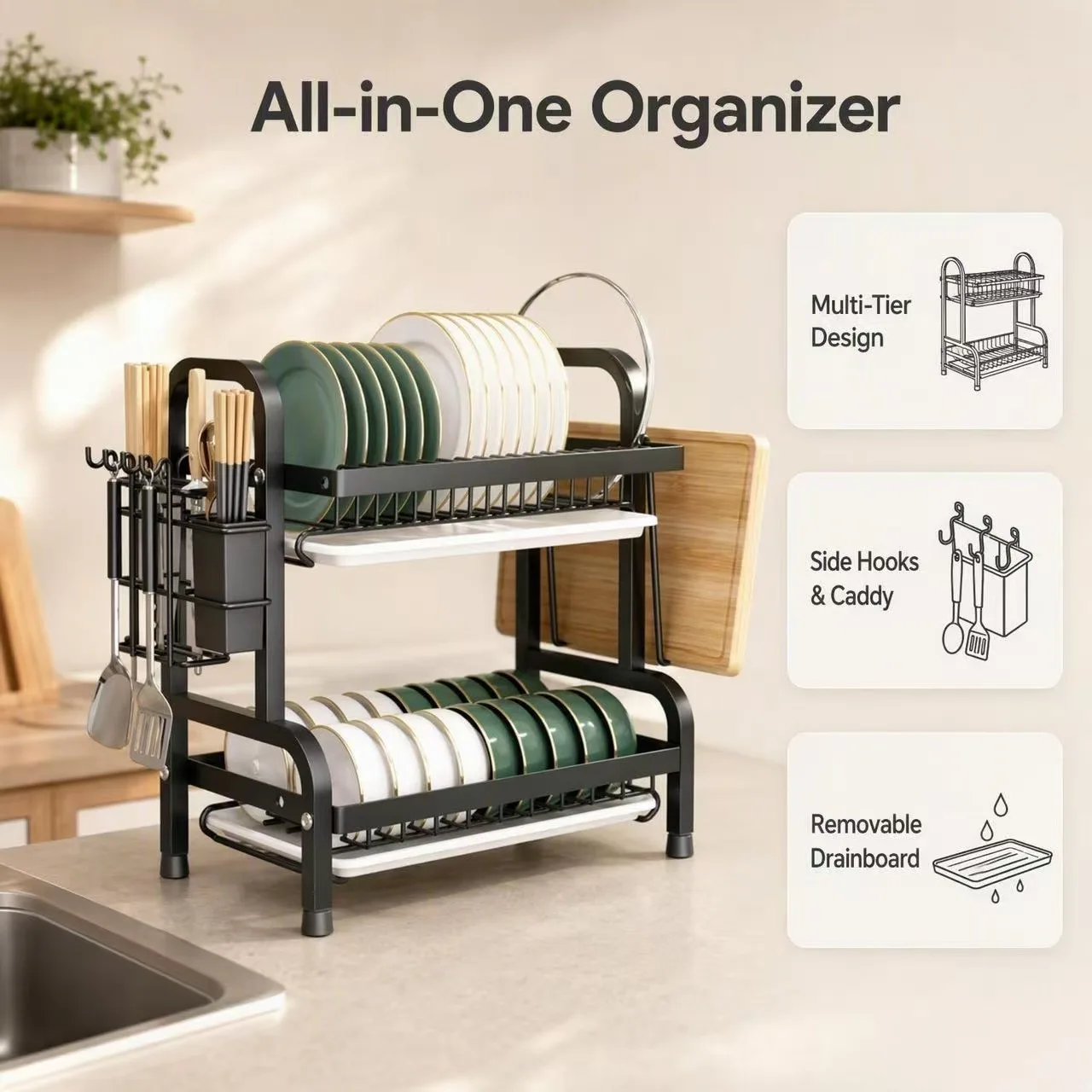 2/3 Tier Dish Drying Rack, Kitchen Counter Dish Drainer with Cutlery & Cutting Board Holder