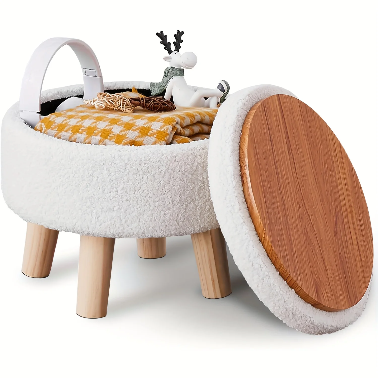 Customizable Velvet Round Ottoman with Wood Legs- Multifunctional Footrest