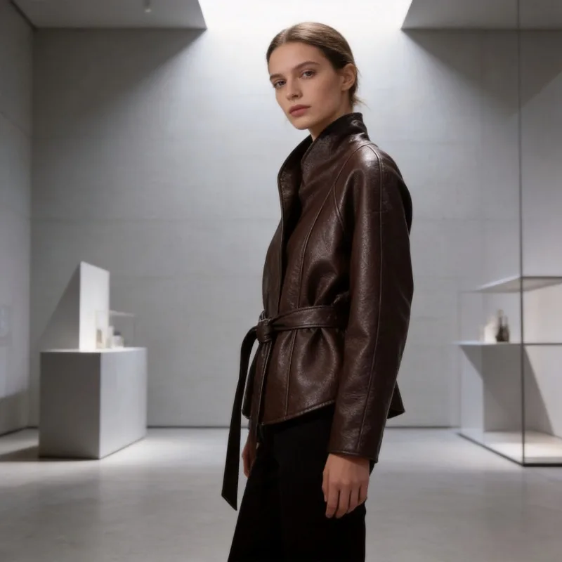 Women 2026 Spring Autumn New Hot Selling Solid Color Belted Slim Fit Faux Leather Jacket Coat Fashion Trendy Chic Outerwear Best