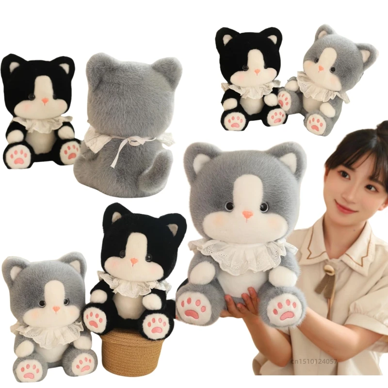 턱받이 고양이 봉제 동물, 블랙 그레이, 키티 인형, 만화, 앉은 자세, 홈 스로우 베개 장식, 등 쿠션, 생일 크리스마스 선물, 신제품