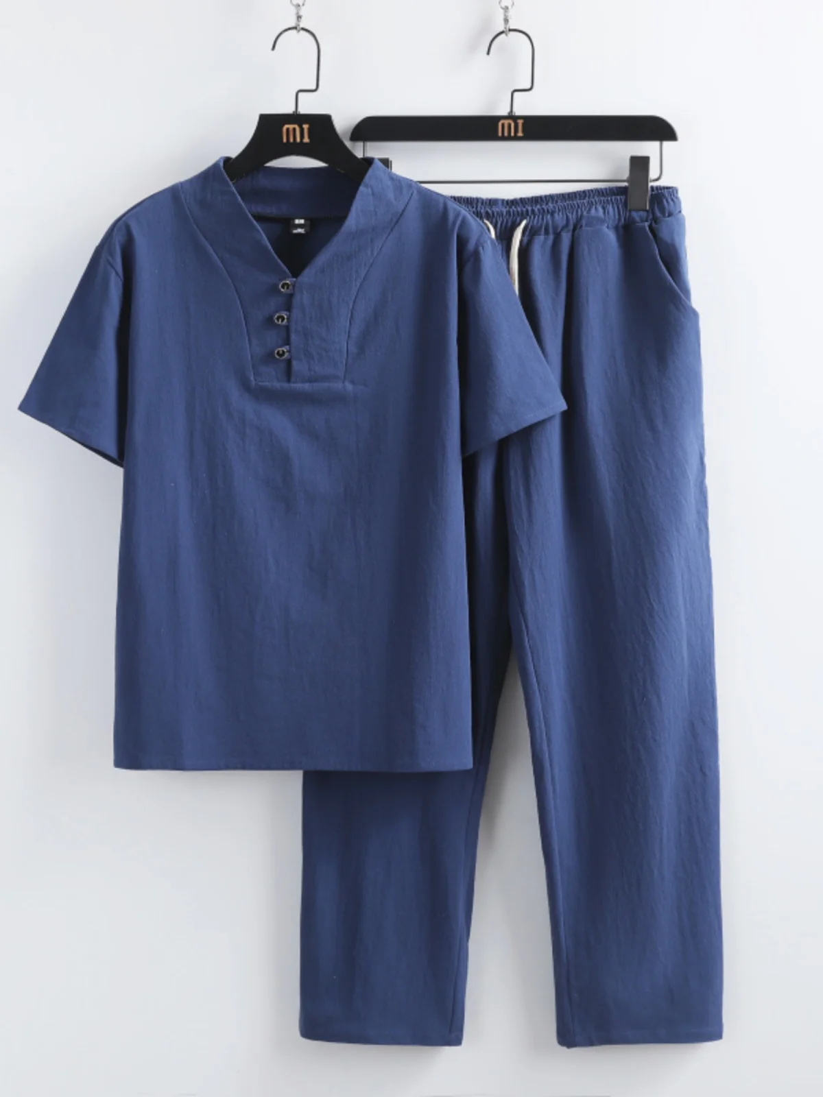 

Summer Fashion Men's Cotton Linen Loose Short Sleeve T-Shirt Set Handsome Long Pants Two-Piece Set Youth Style Casual Wear