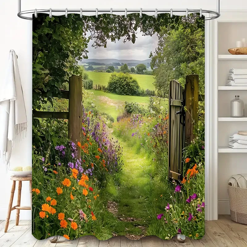 

‌Romantic Countryside Garden Shower Curtain‌ with Lush Flowers Wooden Gate Design Brings Serenity Beauty to Your Bathroom Space