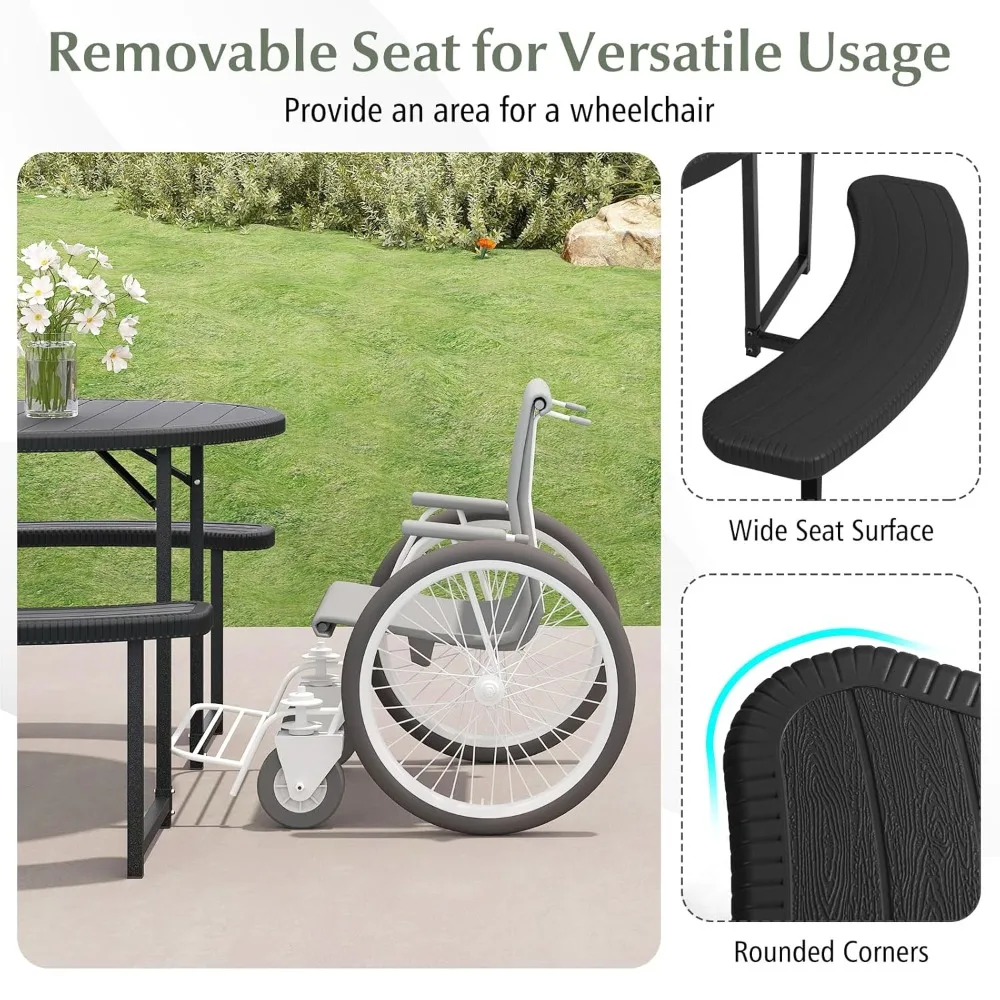 

Picnic Table Bench Set for 4-8 Person, Round 37” Outdoor Dining Table w/Umbrella Hole, HDPE Tabletop, Metal Frame, Customized