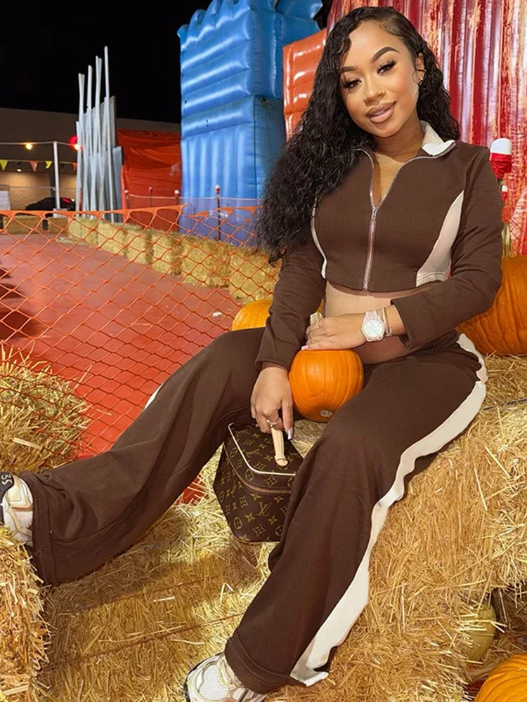 

Контрастный спортивный комплект из 2 предметов, женский кардиган, укороченная куртка с длинными рукавами + полосатые лоскутные прямые брюки, повседневный спортивный костюм