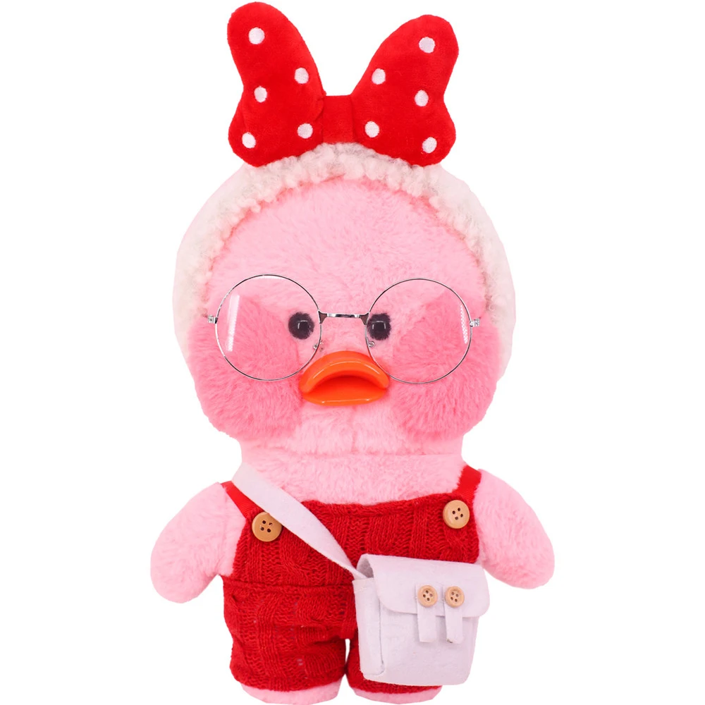 30 ซม.Lalafanfan เป็ดสีเหลืองตุ๊กตาสัตว์เสื้อผ้าชุดสีแดง Kawaii น่ารักเสื้อกันหนาวหมวกกระเป๋าแว่นตา Headdress ของขวัญเด็ก