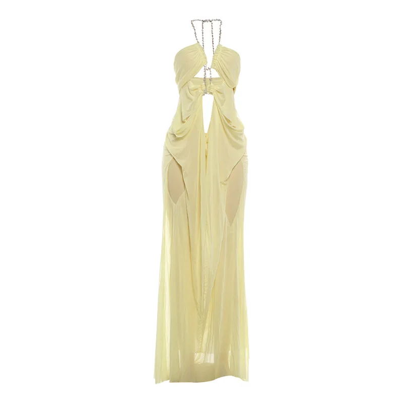 Hollow Out Diamond Chain Halter Backless Sheer Mesh Vakantie Strand Maxi-jurk Dames Sexy V-hals Mouwloos Ruches Party Clubwear