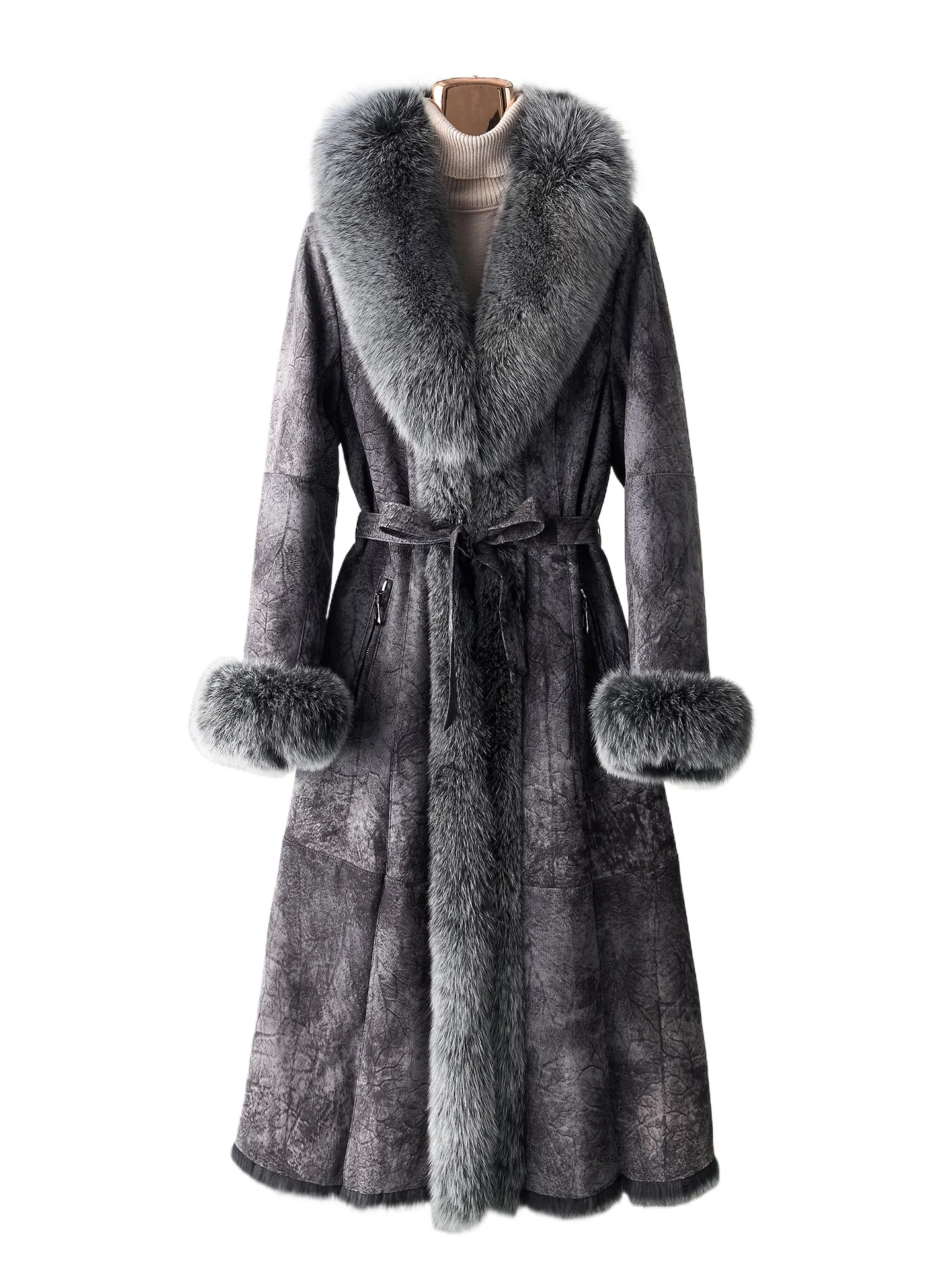 

Куртка из натуральной кожи с мехом ангорского кролика, женская, приталенная, тонкая, с воротником из лисьего меха, на шнуровке, в стиле OL.