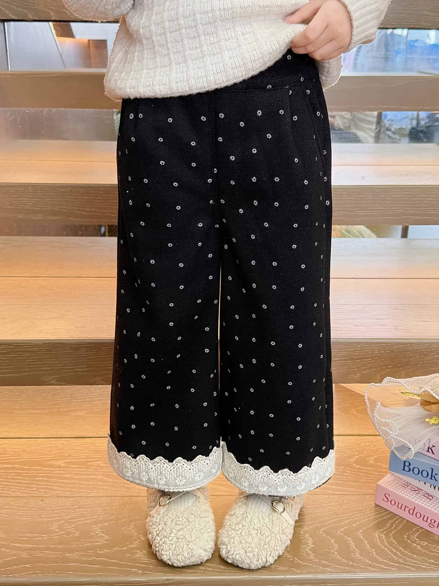 

Kids Baby Girls Straight Leg Pant New Winter Polka Dots Thicken Toddler Girls Wide Leg Pant Casual Lace Infant Girls Warm Pant