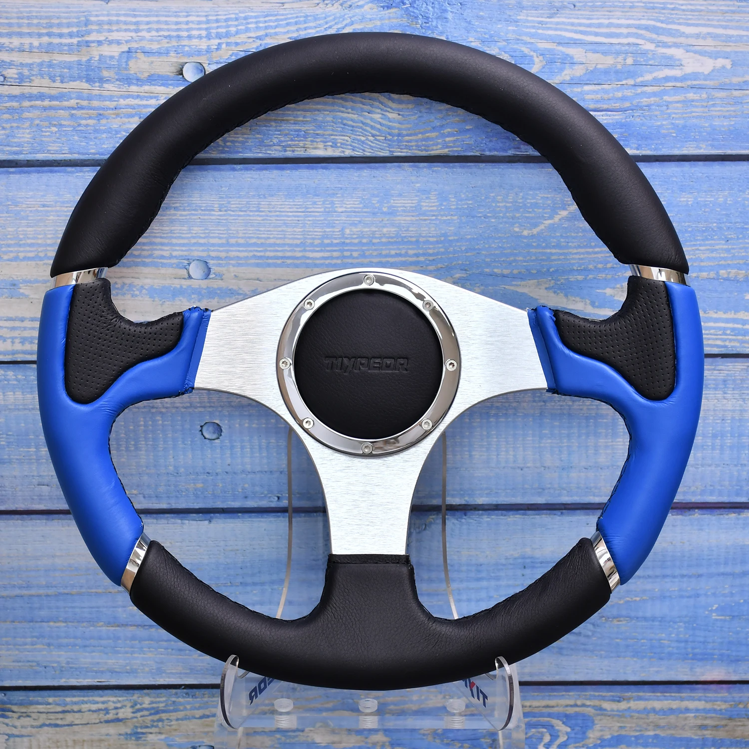 

TIYPEOR 14inch Classic Silver Bracket Leather Blue Auto Steering Wheel Racing 350mm Car Sport cars accessories