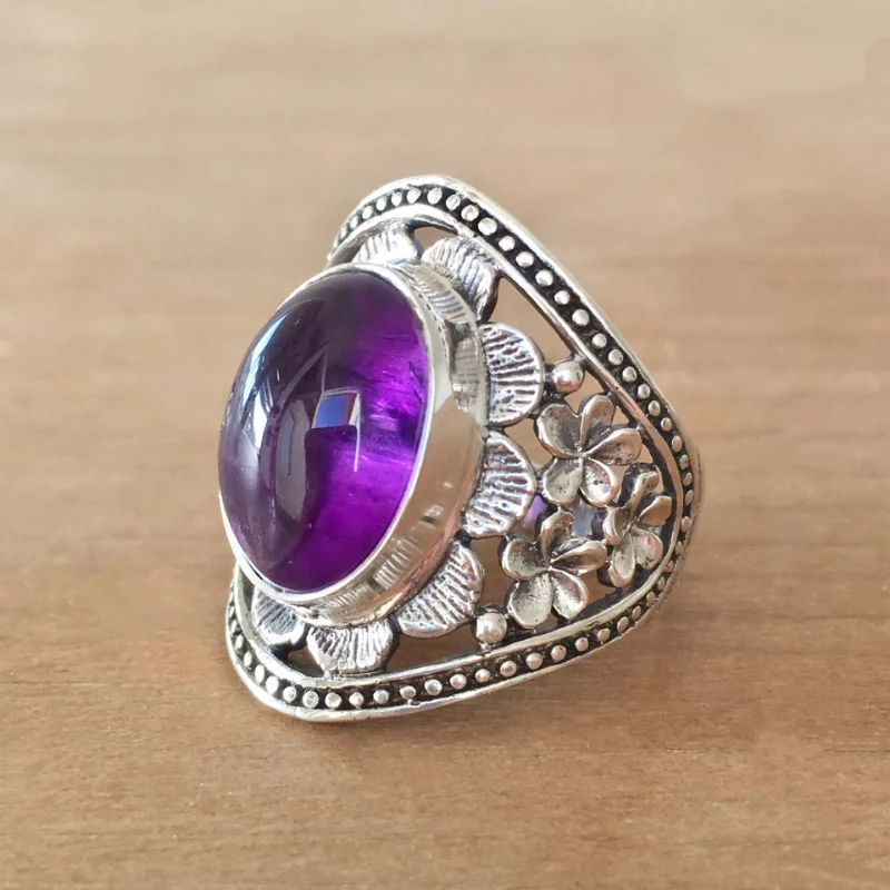 Exquisite Vintage Hollow out Flower Set Amethyst Nepalese Distressed Unisex Ring