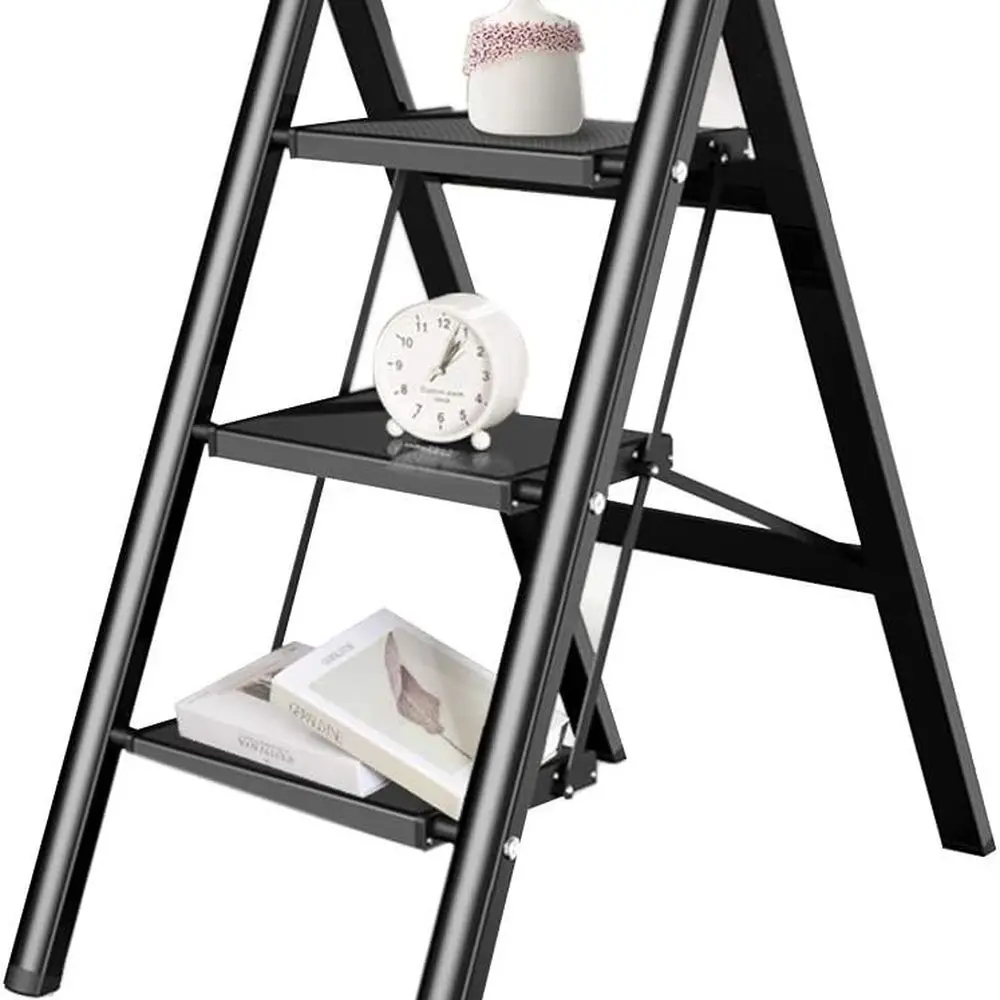 Compact 3-Step Folding Ladder for Kitchen & Bathroom, Suitable for Adults, Seniors, and Kids, Supporting Up to 150 kg, Black