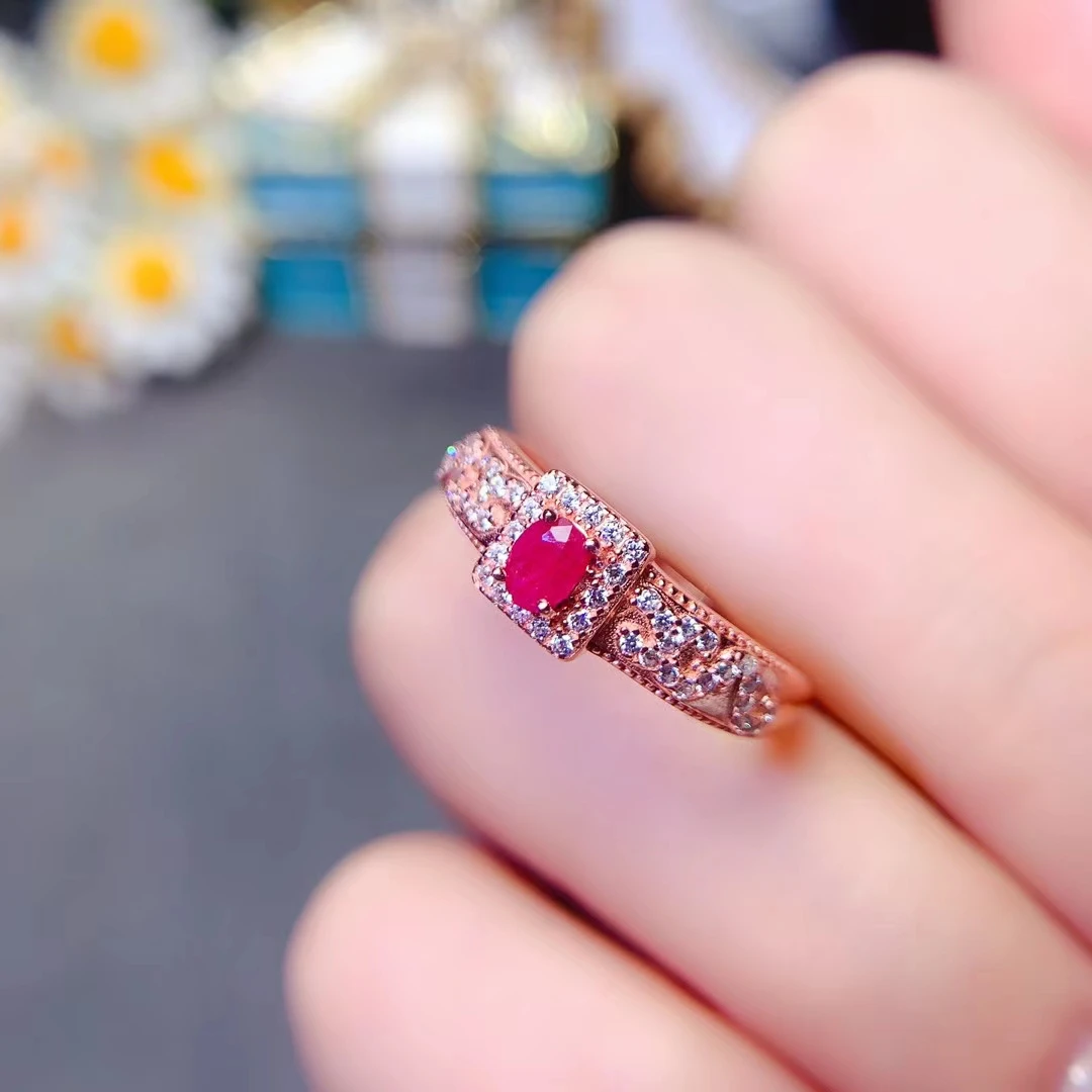 Cute 925 Silver Gemstone Ring for Young Girl 3mm*4mm 100% Natural Emerald Sapphire Ruby Ring with Thick Gold Plating