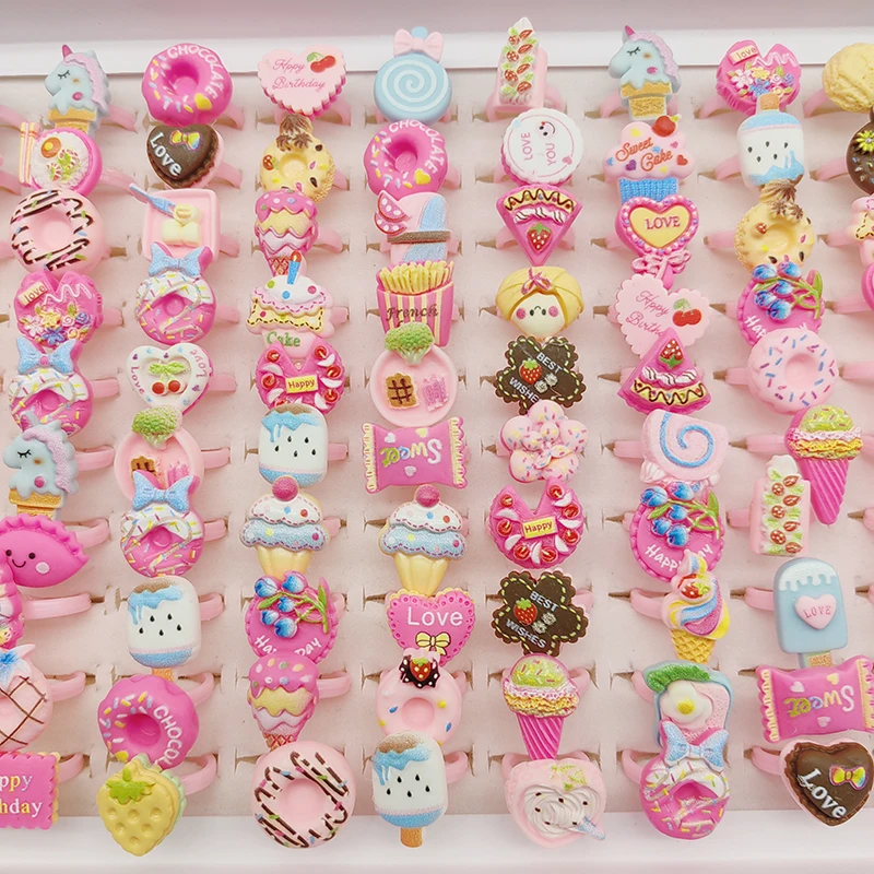 30/100pcs/Lot Wholesale New Cute Kids Finger Rings Party Pink Candy Ice Cream Donuts Cake Child Jewelry Open Adjust Gifts Girls