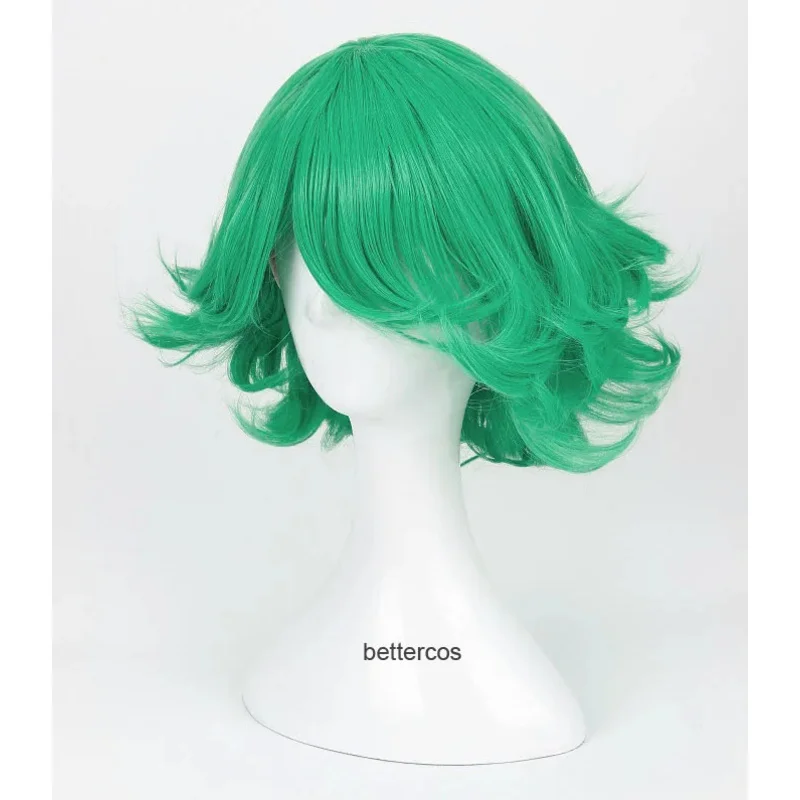 aa69Senritsu No Tatsumaki Cosplay شعر صناعي أخضر مجعد مقاوم للحرارة + قبعة شعر مستعار