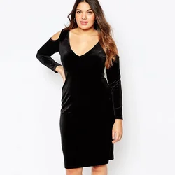 Plus Size Off Shoulder Velvet Dress Long Sleeve Sexy V-neck Elegant Office Dress Knee Length Spring Autumn Sheath Dress 5XL 6XL