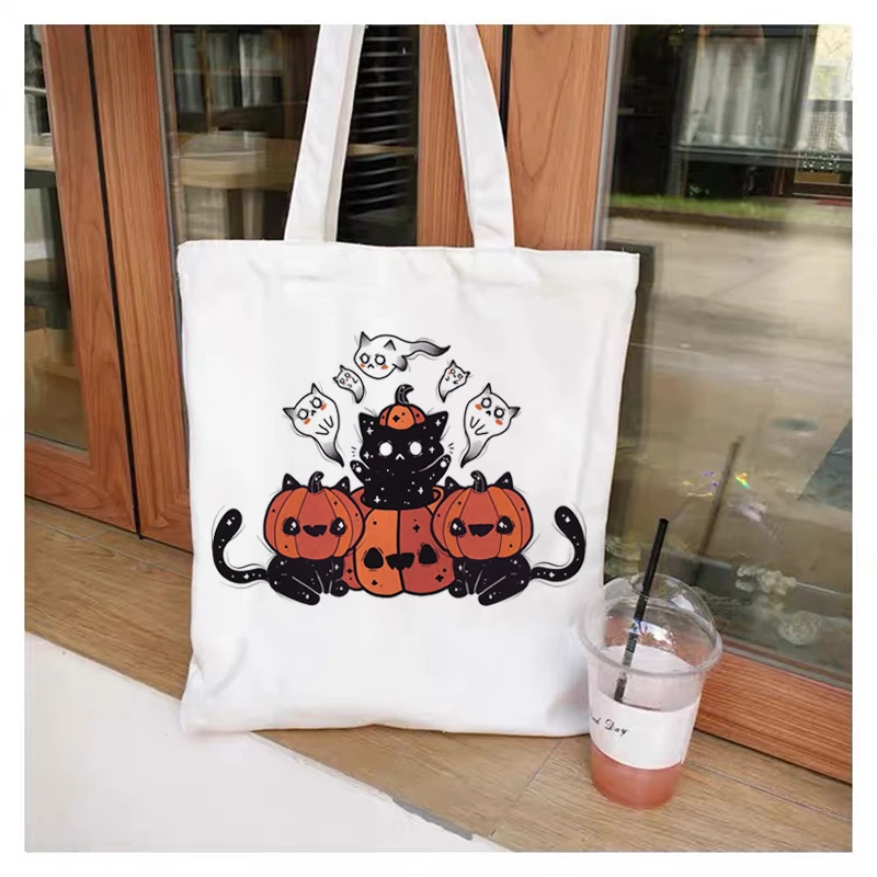 Bolso De Compras reutilizable para mujer, Bolsa De lona con estampado De calavera y gato, De hombro, De dibujos animados