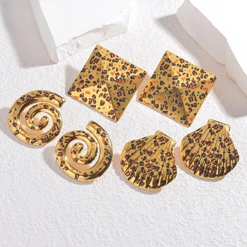 Gold Color Stainless Steel Stud Earrings Geometric Leopard Print Women Earrings Shell Titanium Steel Earrings Jewelry