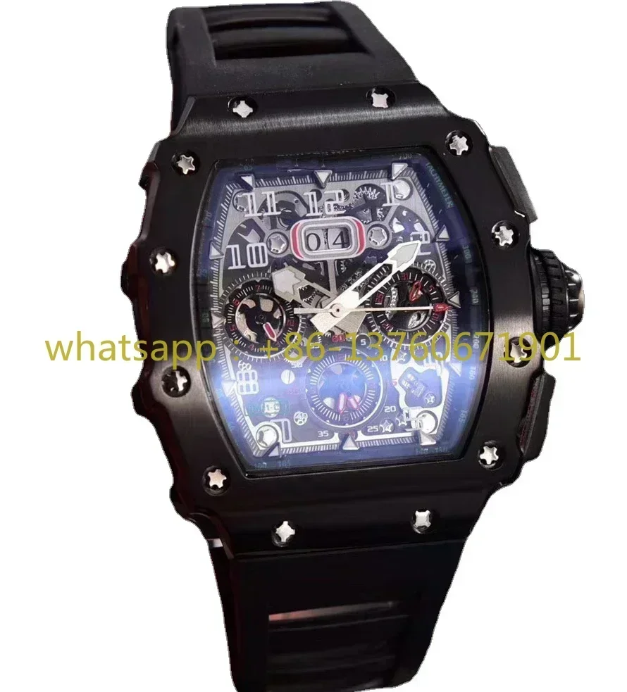 Jam tangan otomatis mewah untuk pria jam tangan mekanik Tourbillion untuk Richards tali karet hitam baja tahan karat