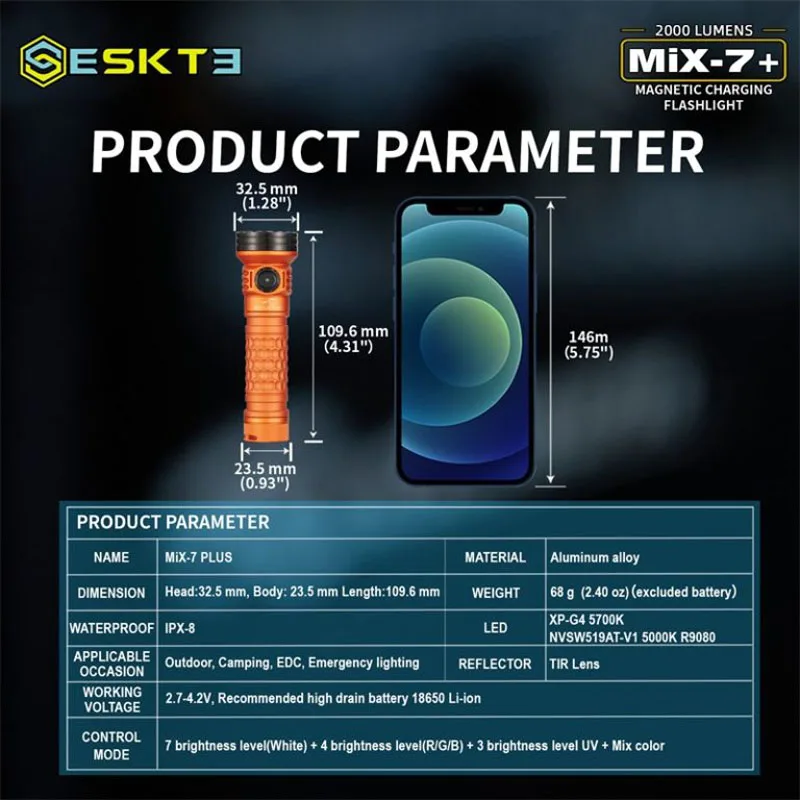 SKILHUNT ESKET MiX-7 Gen 2 Plus Многоцветный 2000 люмен 18650 Светодиодный фонарик с магнитной зарядкой