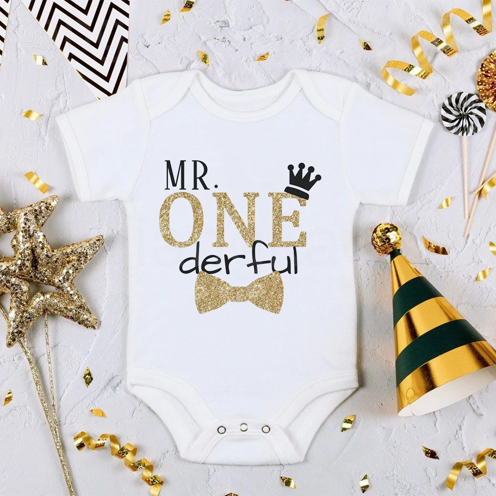 

Mr. One Derful Printed Baby Bodysuit Newborn One Birthday Outfit Boys Toddler Birthday Short Sleeve Romper Infant Shower Gift
