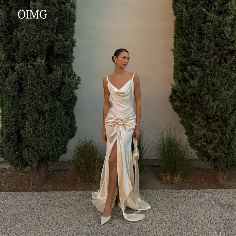 

OIMG Sexy Spaghetti Strap Mermaid Prom Gowns Slit Flower Party Gown Floor Length Evening Dress ערב שמלות Customized