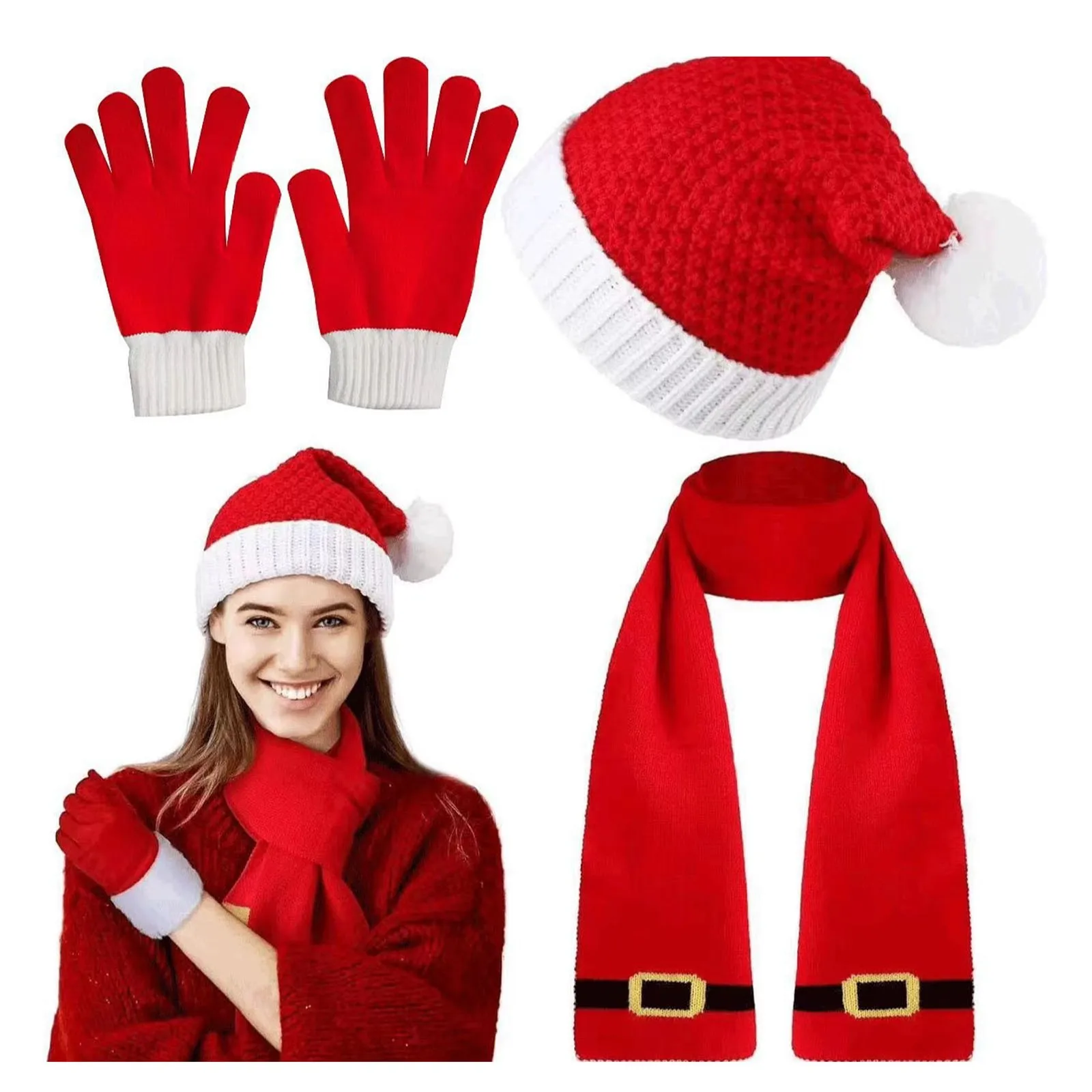 3 pçs chapéu de natal cachecol luvas conjunto para mulheres outono inverno quente gorro chapéu + luvas + cachecol longo conjunto acessórios para clima frio