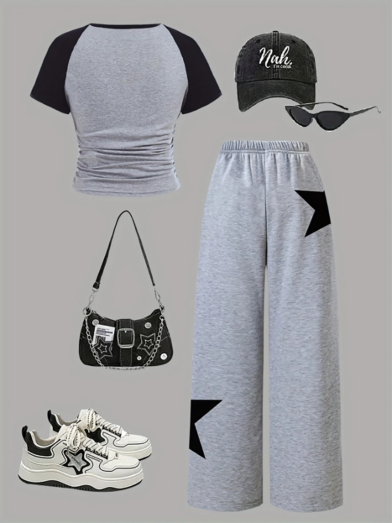 Trendy Items for Girls, Girls' Clothing, 2-Piece Girls' Outfit, Back-To-School Clothing, Star Pattern, Gray Wide-Leg Sweatpants, American Football, Volleyball, Thanksgiving, Halloween Outfits, Christmas Sweatpants, Suitable for Spring and Summer