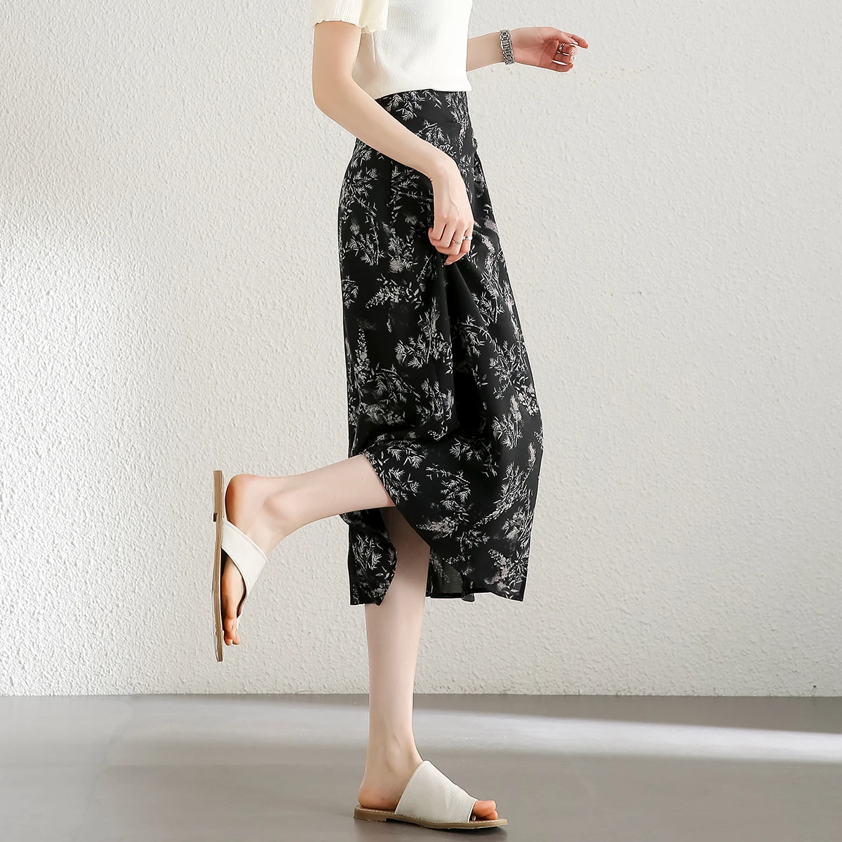 SENTUBILA Women New Chinese Style Floral Chiffon Midi Skirt Drawstring Waist A-Line Elegant Casual Flowy Long Skirt 162QA6244X