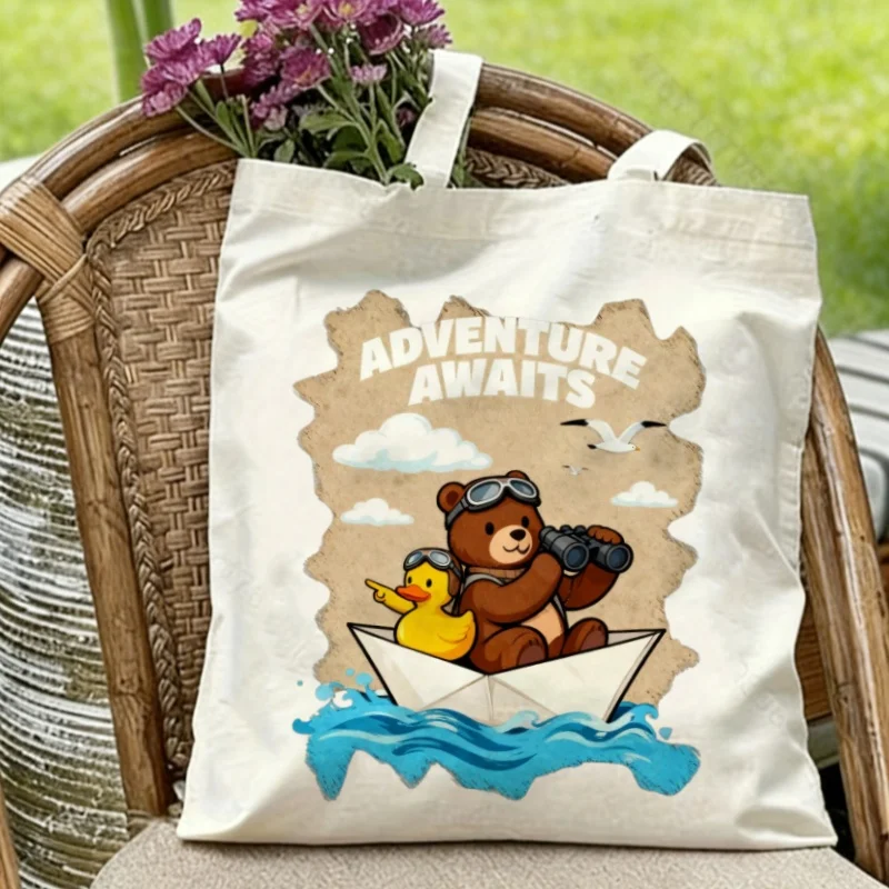 

1PC Adventure Awaits Bear & Duck Canvas Tote Eco-friendly Reusable Shoulder Bag