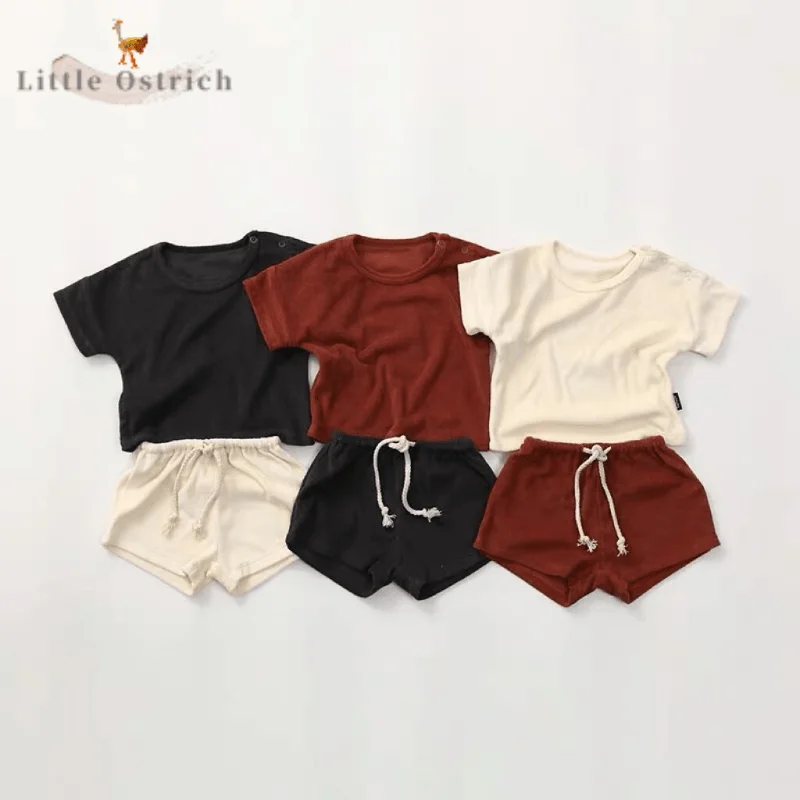 Newborn Baby Girl Boy Towel Fabric T-shirt Shorts Child Sweatshirt Short Sleeve Solid Color Casual Pullover Baby Clothes 9M-2Y