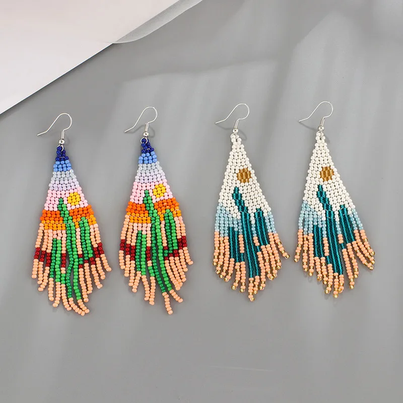 Rice Bead Earrings  Hand Beaded  weave  cactus  new pattern  fashion  Bohemia  geometry  alloy  ma'am  Tassel Earrings image 2