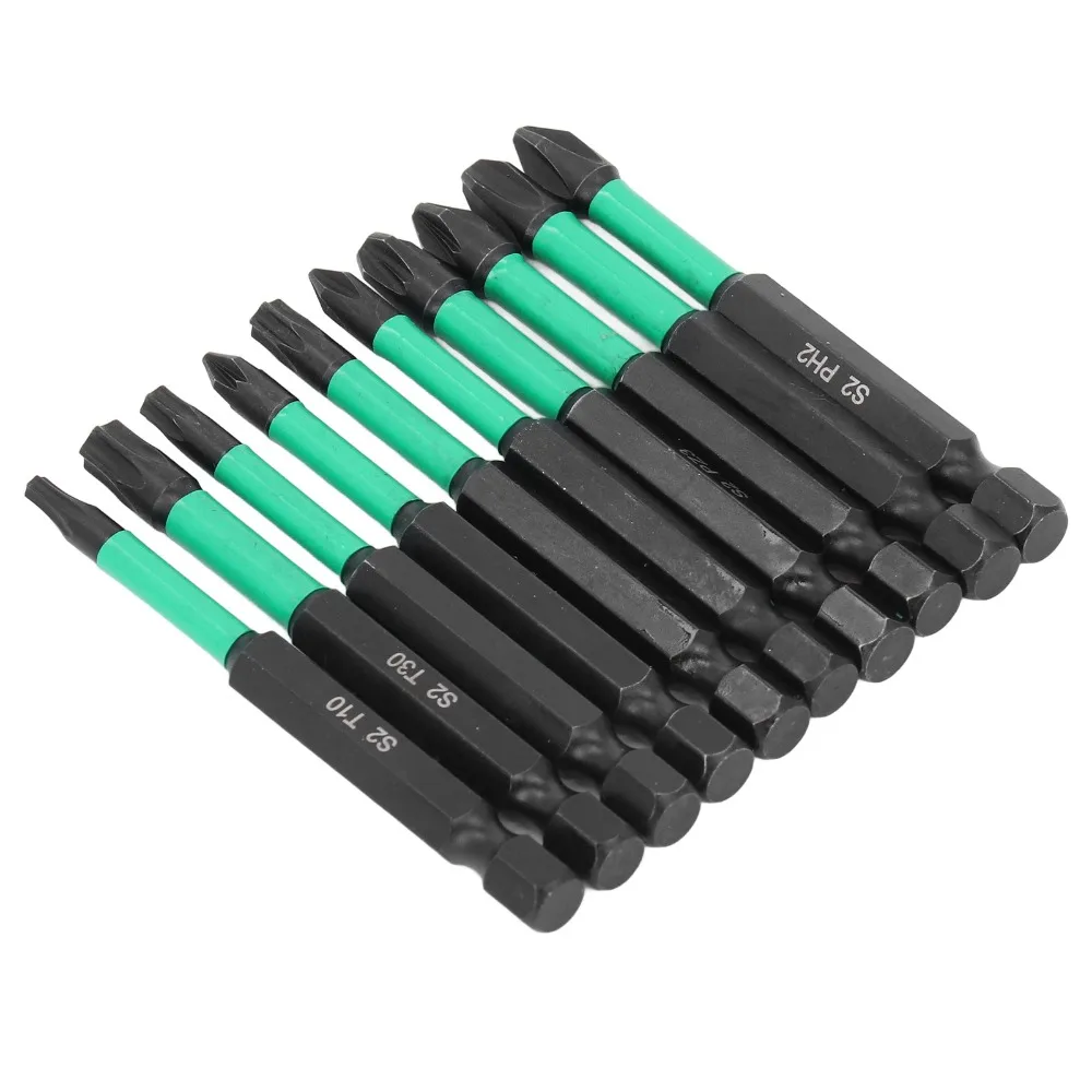 10pcs S2 Alloy Steel Magnetic Screwdriver Bit Set Non Slip Phillips+Pozidriv+Torx Head Cross Star Drill Bits High Hardness