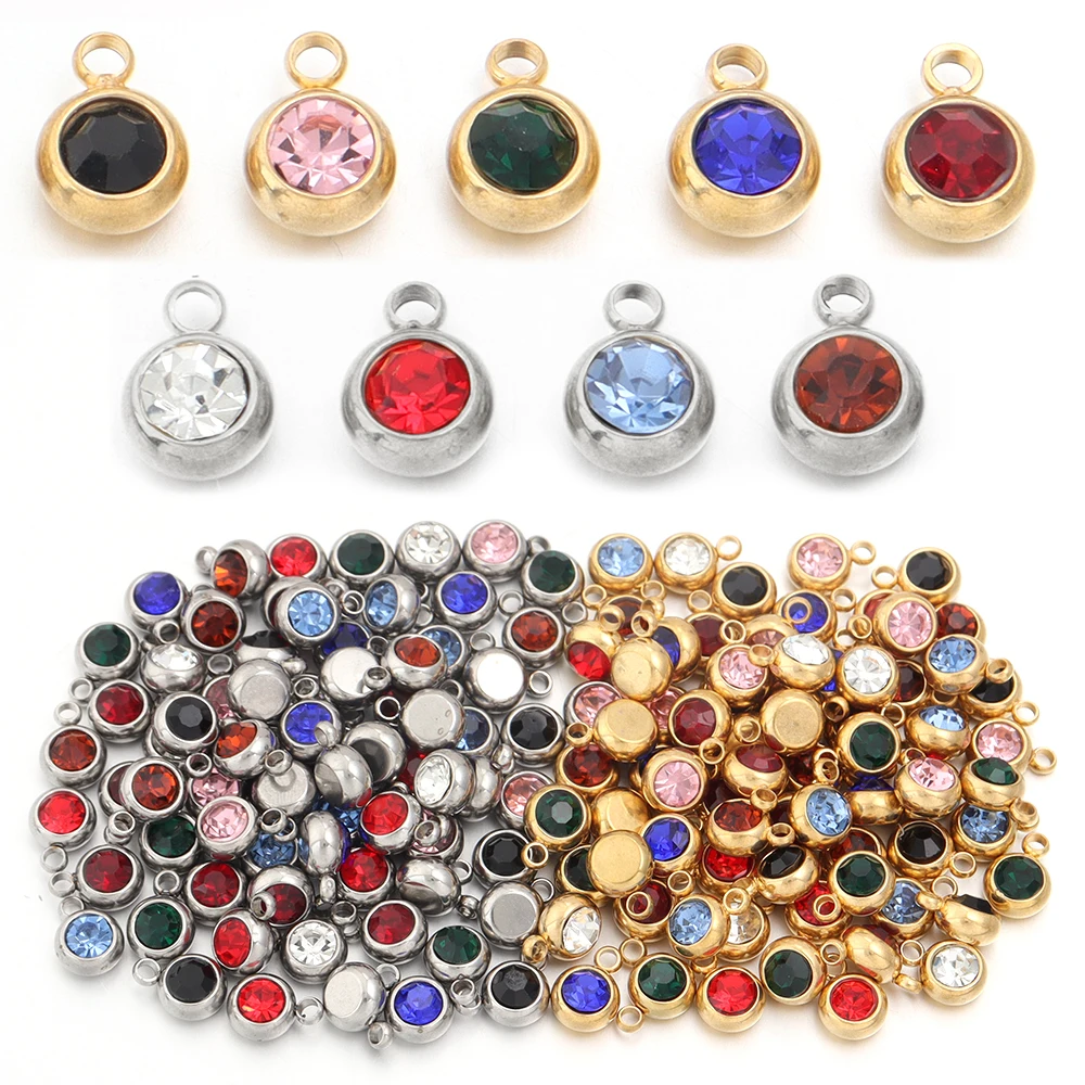 10pcs/lot Stainless Steel Birthstone Pendant 6mm Flat Round Rhinestone Charms Pendant For DIY Jewelry Making Necklace Bracelet