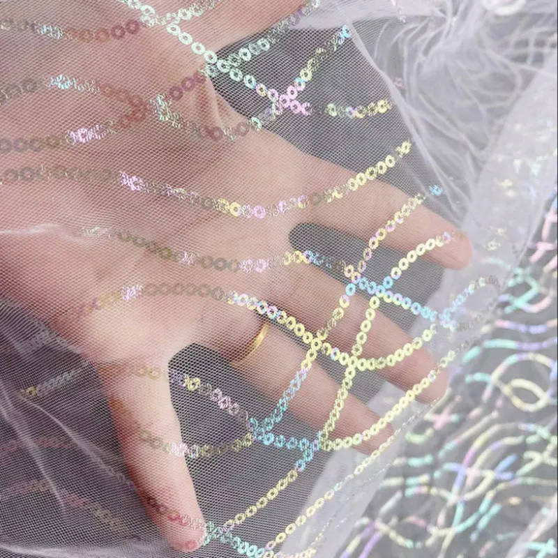 Tela de malla de arcoíris de rayas coloridas con lentejuelas de cadena de estampado en caliente, Material de nailon suave para proyectos de bricolaje de vestidos infantiles
