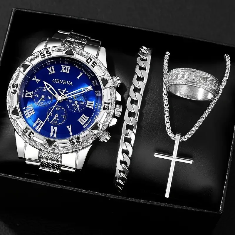4-Piece/Set Business Men's and Women's Watch Necklace Bracelet Ring Set, Fashionable Men's Set
