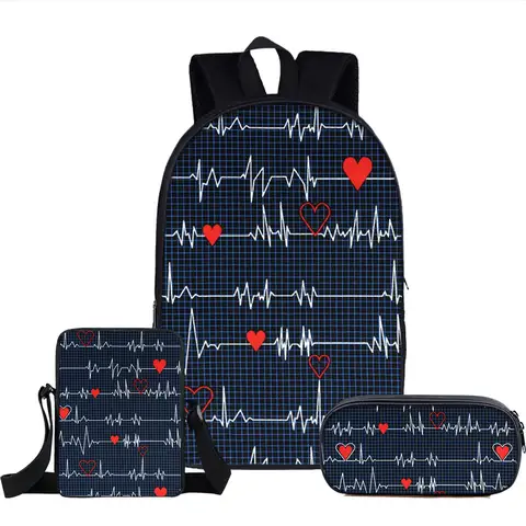 Popular de lujo con estampado 3D de corazón de enfermera, 3 unidades/juego, mochilas escolares para alumnos, mochila para ordenador portátil, bolso de hombro inclinado, estuche para lápices